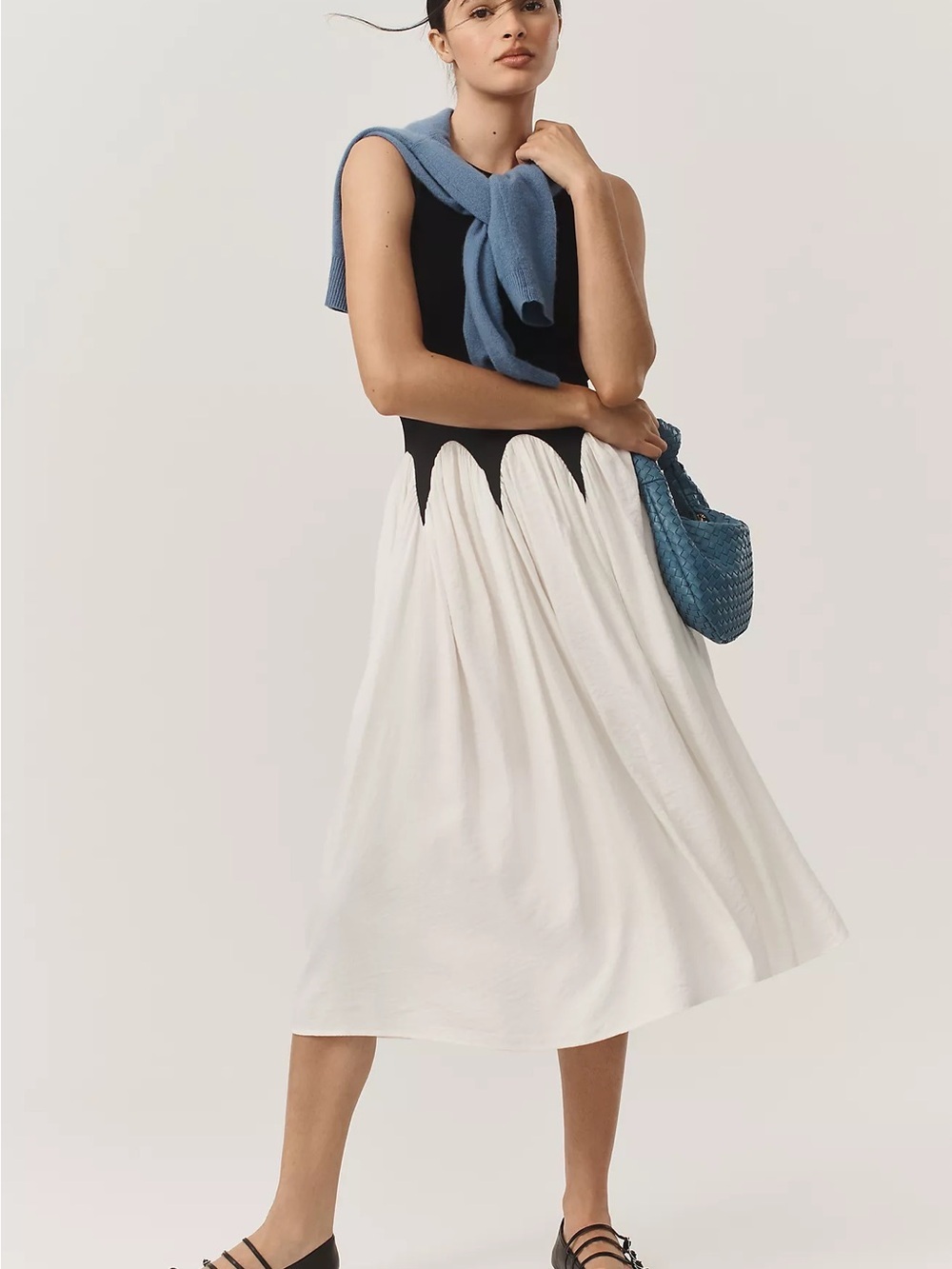 Anthropologie Black Bodice White Midi Skirt with Blue Sweater Accent - Picture 2 of 6